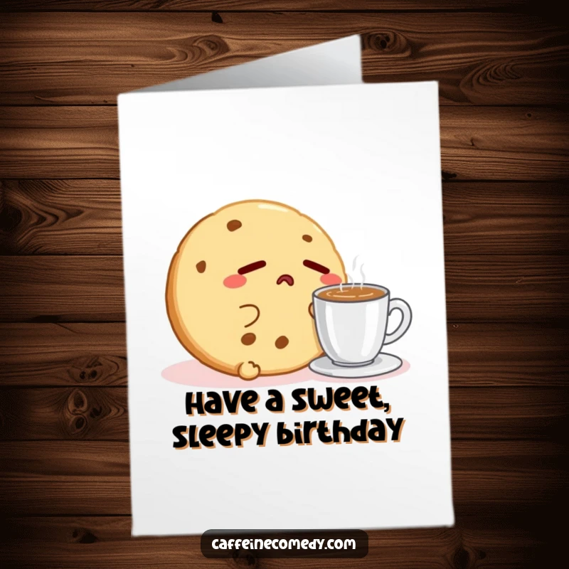 Funny Free Printable Birthday Card: A sleepy Kawaii cookie character yawning widely next to a steaming espresso.