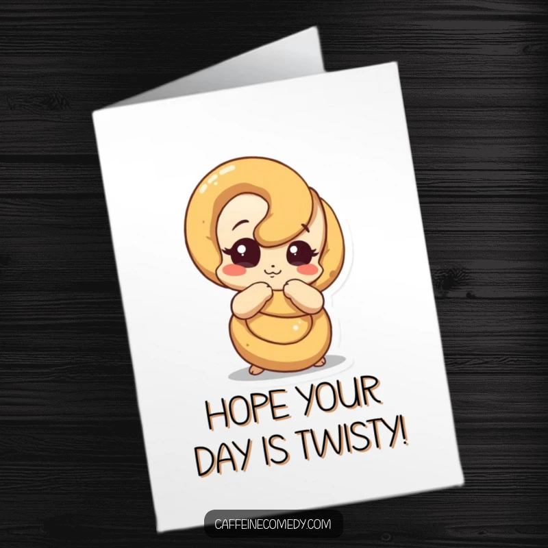 Funny free printable birthday card showing a curious pretzel character comically unraveling, perfect for a quirky celebration.