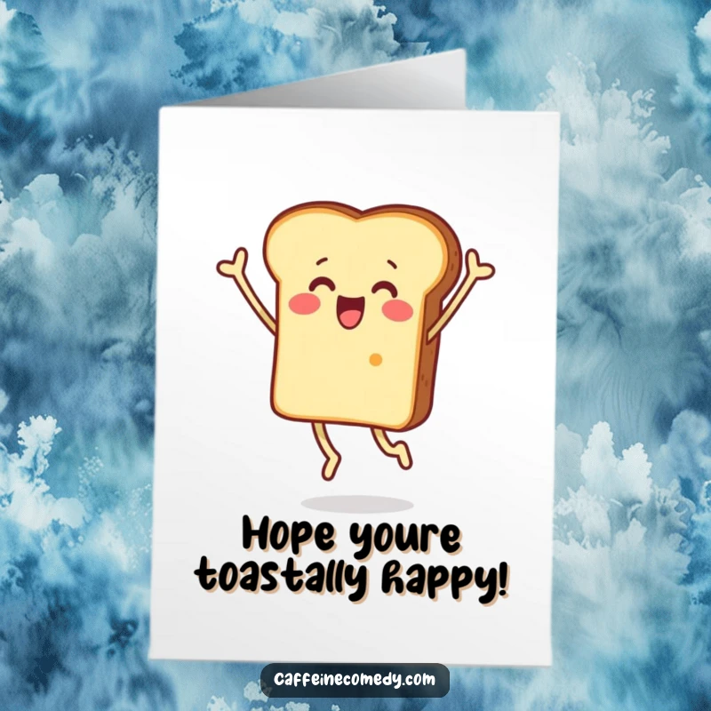Funny Free Printable Birthday Card featuring a piece of toast character leaping in the air, eyes wide with surprised delight.