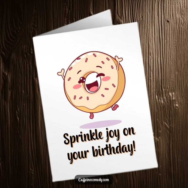 Funny Free Printable Donut Birthday Card: A delighted donut character leaping high with sprinkles for a sweet birthday wish.