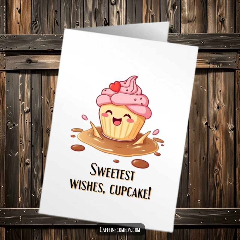 Funny Free Printable Birthday Card: A smiling cupcake character gleefully splashing in a puddle of coffee, full of birthday joy.