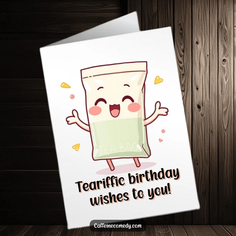 Funny free printable birthday card: a playful tea bag character enthusiastically dunking itself, ready to steep some birthday cheer.
