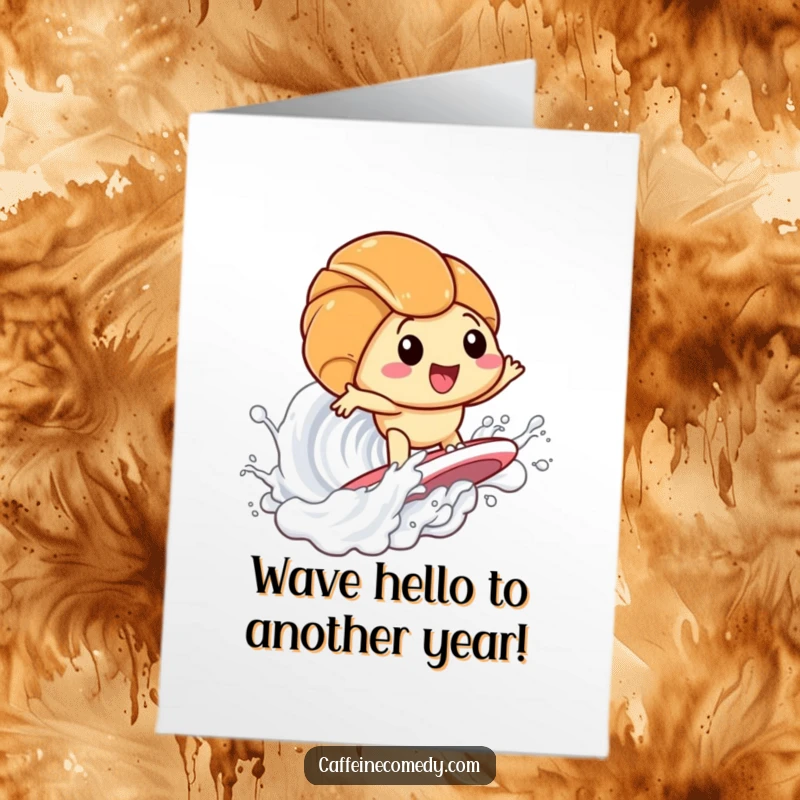 Funny Free Printable Birthday Card: Kawaii croissant heroically surfs a giant milk wave with pure delight.