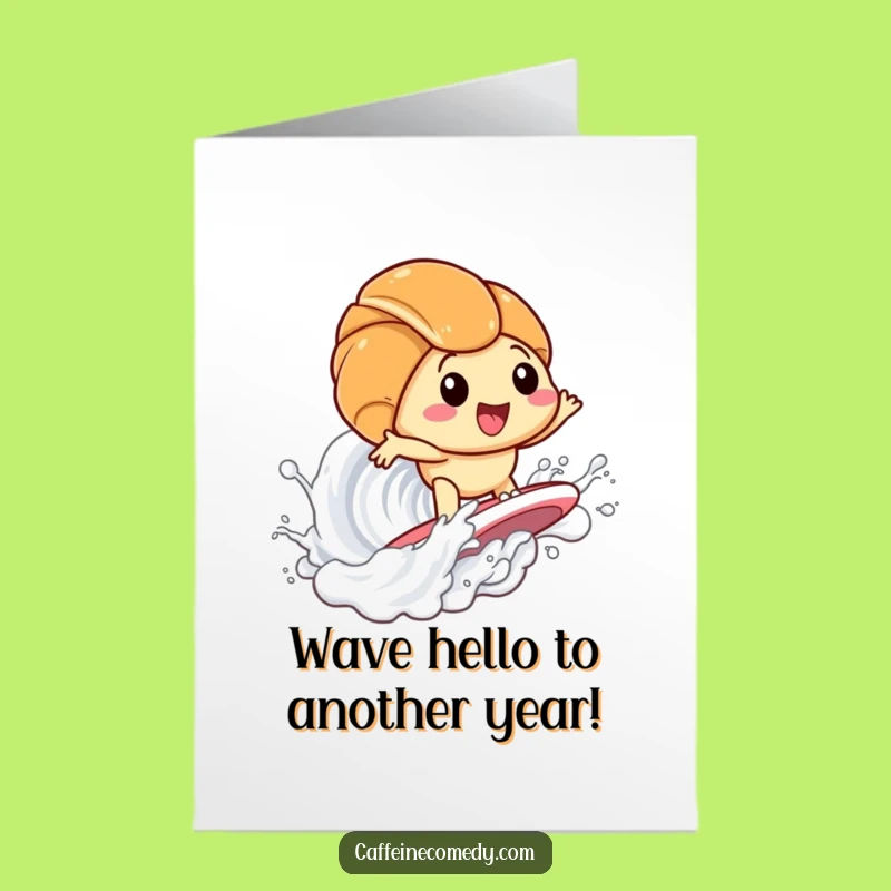 Free Printable Birthday Card: Kawaii Croissant Surfing Milk Wave Funny Downloadable Gift