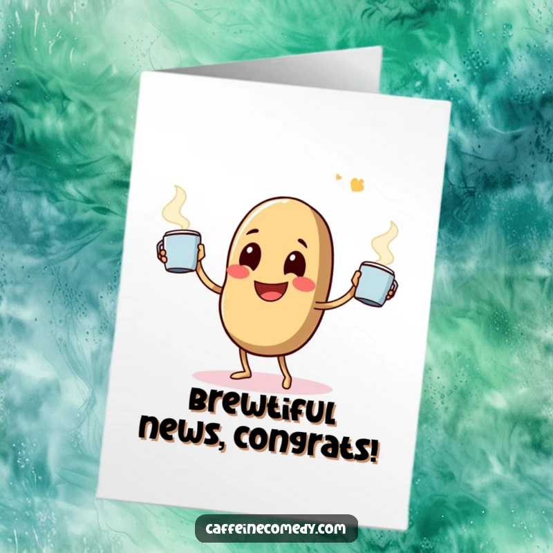 Funny Free Printable Congratulations Card: A happy coffee bean expertly juggles mugs, celebrating a successful achievement with enthusiasm.