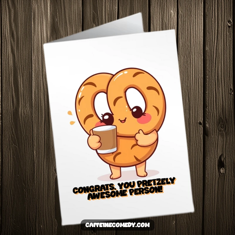 Funny Free Printable Congrats Card: A pretzel character winks playfully while presenting a cup of coffee.
