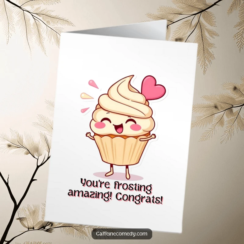 Funny free printable congratulations card featuring an excited cupcake character enthusiastically blowing frosting, celebrating achievement.