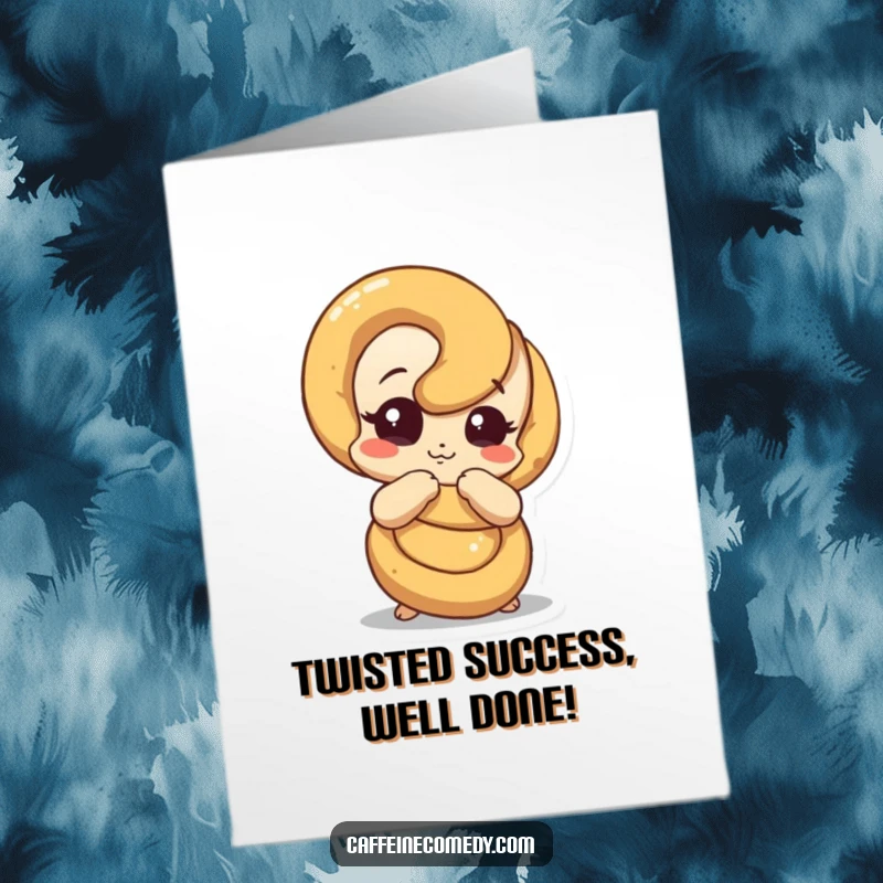 Funny free printable congratulations card featuring a pretzel character looking confused as it starts to unravel, capturing surprise.