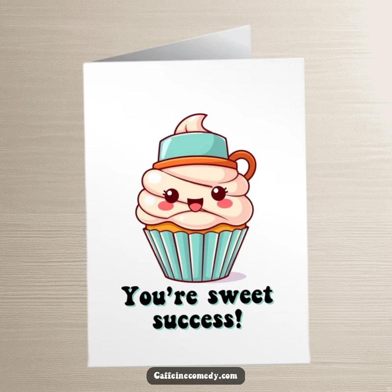 Funny Free Printable Congratulations Card featuring a playful Kawaii cupcake wearing a tiny coffee mug hat, celebrating success.
