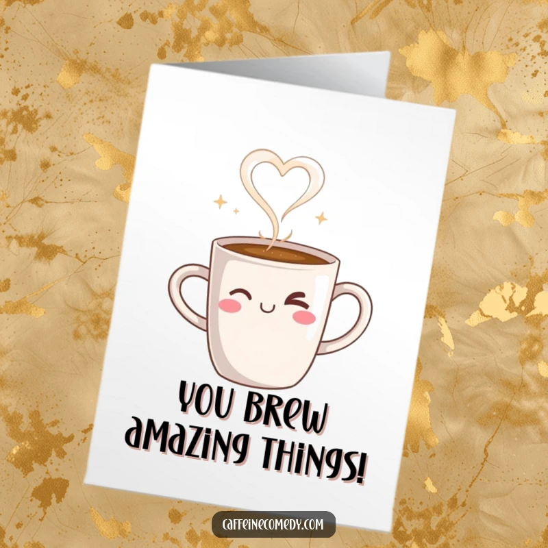 Funny Free Printable Congrats Card: A coffee mug winks, steam artfully shapes into a heart, celebrating good news.