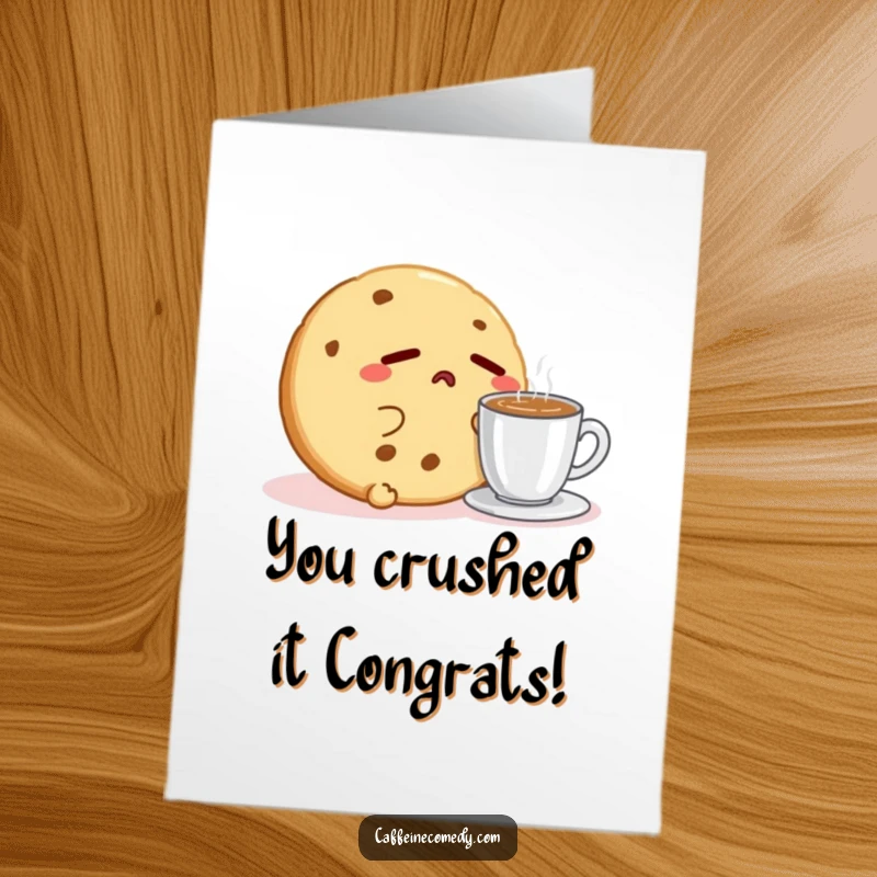 Funny Free Printable Congratulations Card: A sleepy Kawaii cookie character yawning beside a steaming espresso cup.
