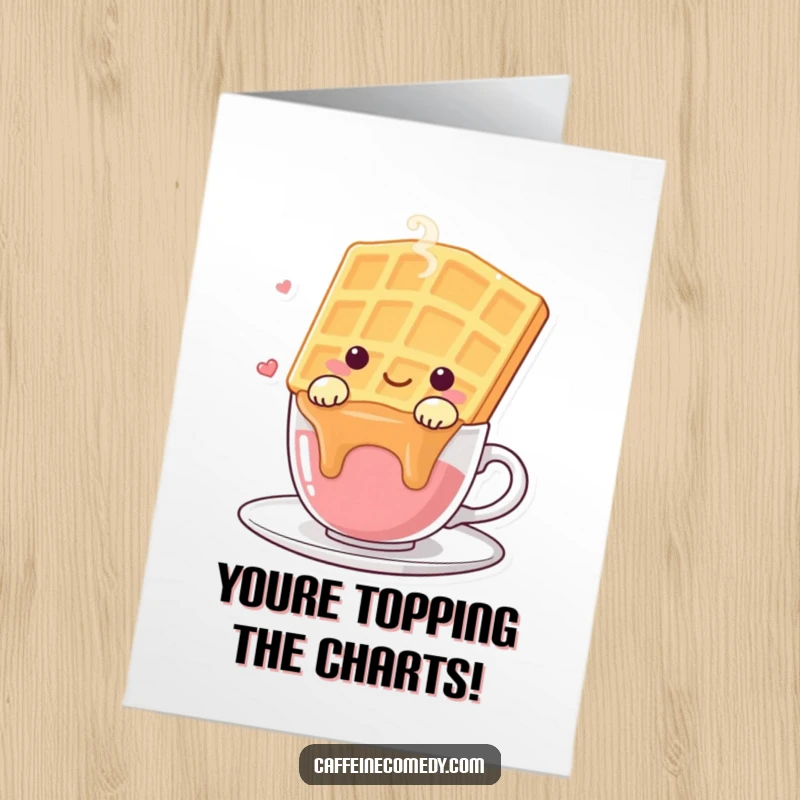 Funny Free Printable kawaii waffle character draped over a steaming cup, ideal for a congratulations card.