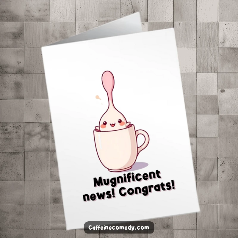 Funny Free Printable Congrats Card: A kawaii stirring spoon character performing a joyful dance routine inside a mug.