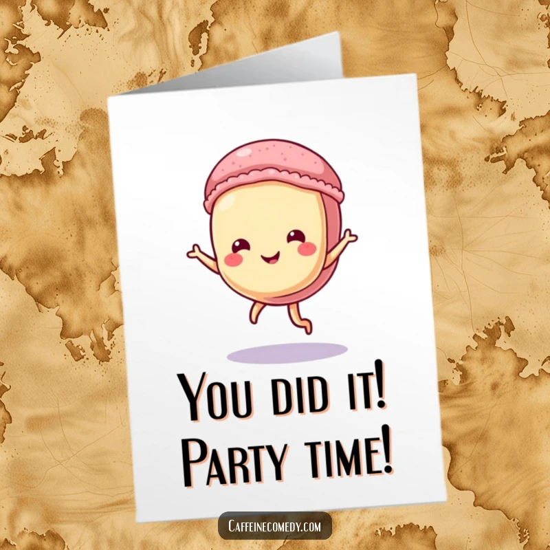 Funny free printable congratulations card showing a cheerful macaron character doing a happy little dance to celebrate success.