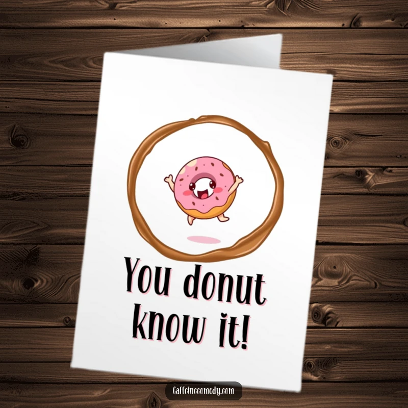 Funny Free Printable Congratulations Card: Cheerful donut character joyfully leaping through coffee steam, marking a sweet victory.