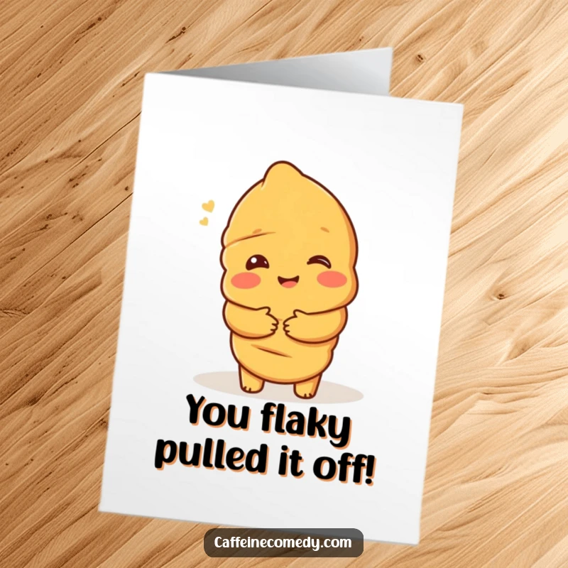 Funny free printable congratulations card: a delighted croissant character offering a warm hug, celebrating a wonderful achievement.