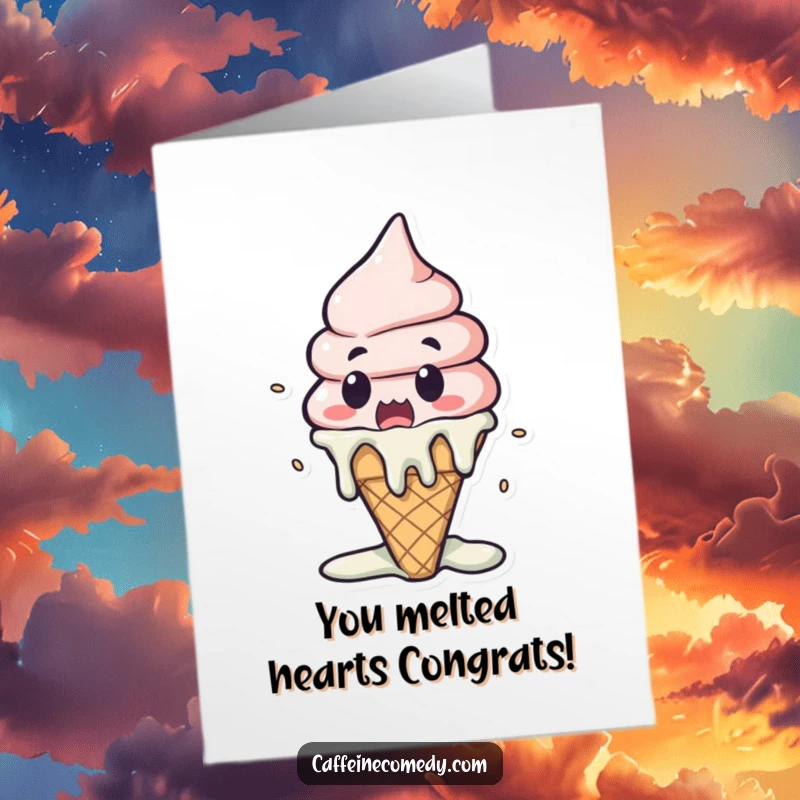 Funny Free Printable Congratulations Card: A surprised Kawaii ice cream cone melting dramatically to express shock.