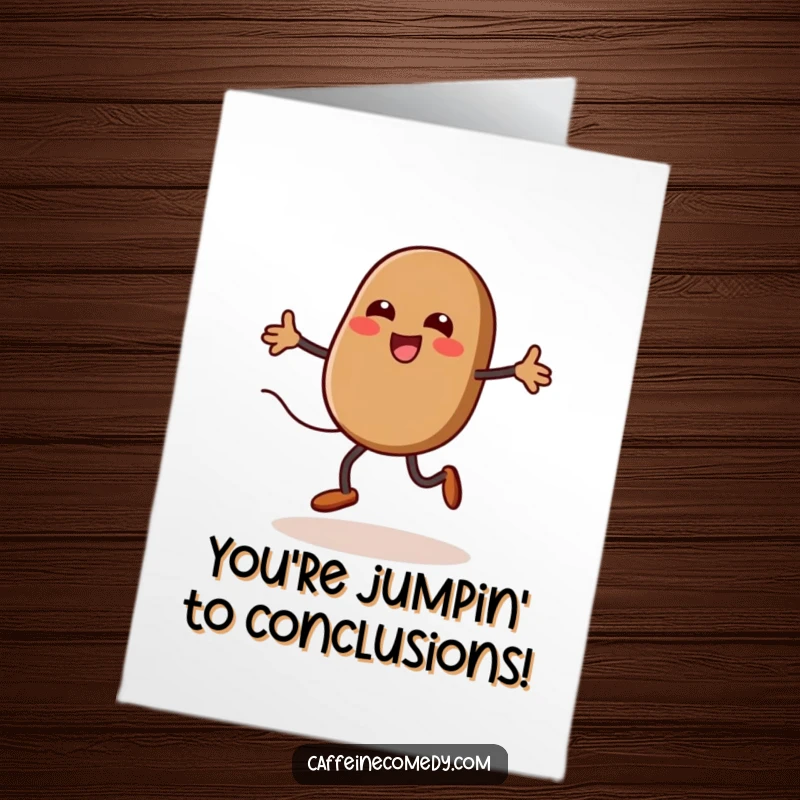 Funny Free Printable Congrats Card: A kawaii coffee bean with legs energetically jumping rope to celebrate.