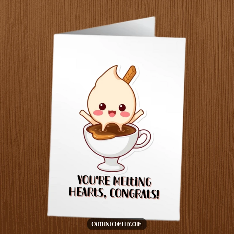 Funny Free Printable Congrats Card: A happy ice cream character melting joyfully into a hot coffee.