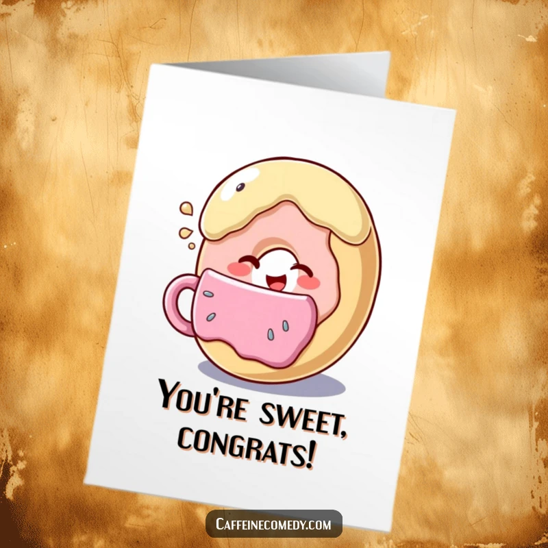 Funny Free Printable Congratulations Card: Donut character winking adorably while enjoying a giant coffee.
