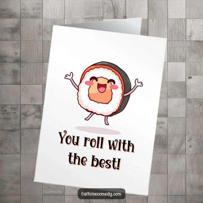 Funny Free Printable Congratulations Card: A sushi roll with legs captured mid-happy dance, celebrating a momentous occasion.