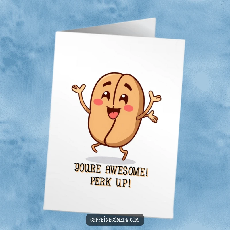 Funny Free Printable Congratulations Card showing an energetic coffee bean doing jumping jacks, a perfect way to celebrate achievements.
