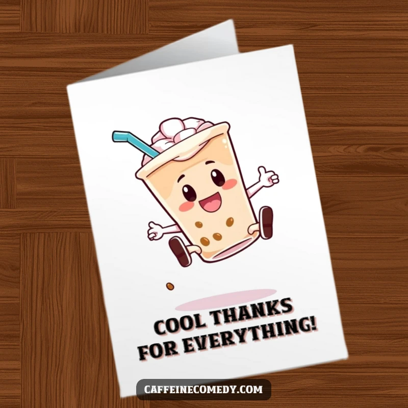 Funny Free Printable Thank You Card: An iced coffee character performs a dynamic kickflip, straw mid-air, expressing cool gratitude.