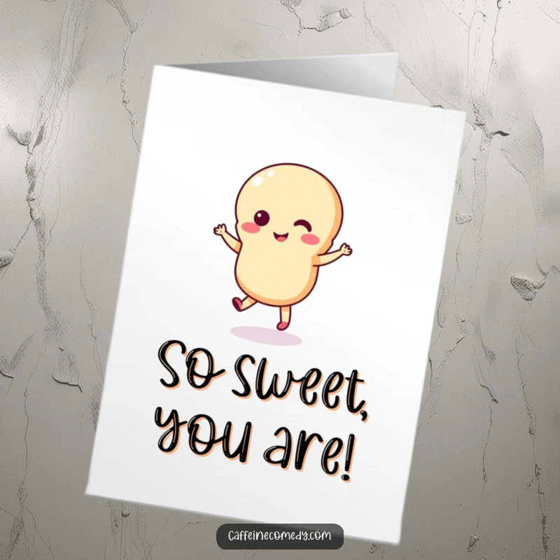 Funny free printable thank you card featuring a smiling macaron character grooving to express heartfelt gratitude.