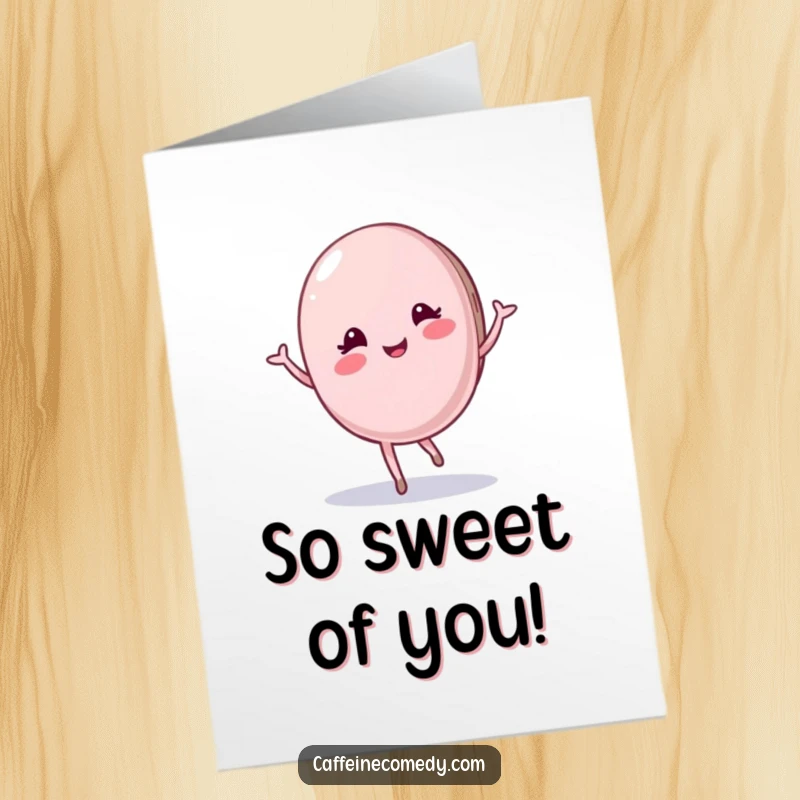 Funny Free Printable Thank You Card featuring a pleased macaron character twirling gracefully, a sweet way to express thanks.