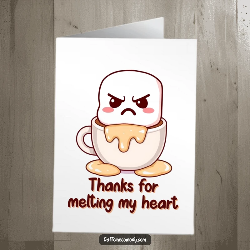 Funny Free Printable Thank You Card: A sad kawaii marshmallow melting into hot chocolate, expressing thanks.