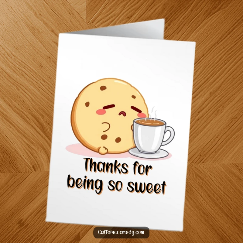Funny Free Printable Thank You Card: A sleepy Kawaii cookie doing a big yawn next to a steaming espresso.