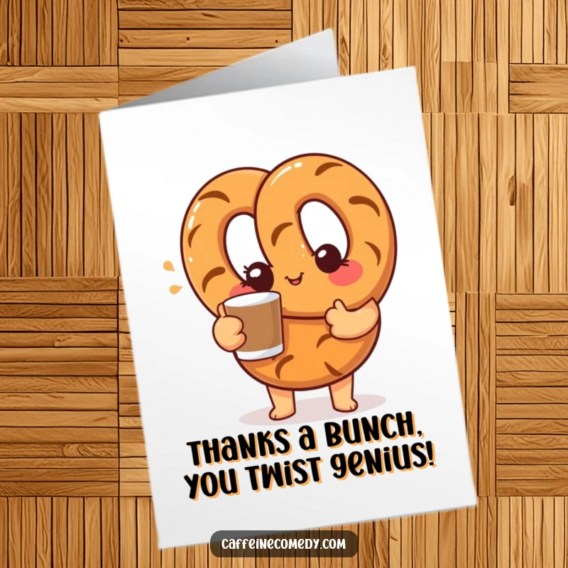 Funny Free Printable Thank You Card: A curious pretzel character winks kindly while offering a coffee cup.