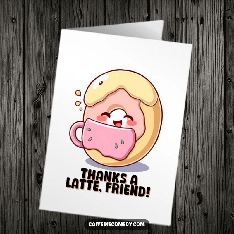 Funny Free Printable Thank You Card: Adorable donut character giving a wink while holding a coffee cup.