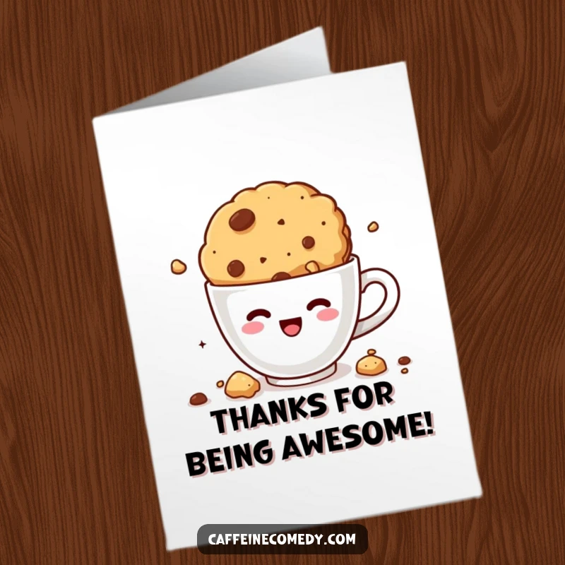 Funny Free Printable Thank You Card: A kawaii cookie crumbling with joy as it dives into coffee.