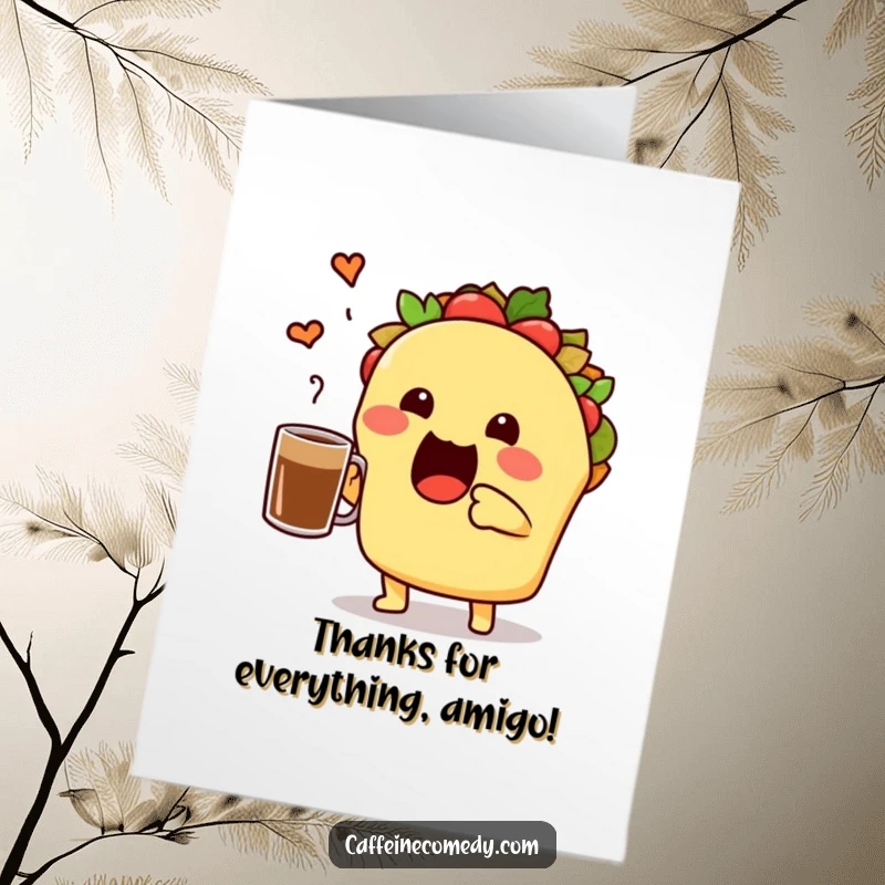 Funny Free Printable Thank You Card: Cute taco character toasting a coffee mug with a grateful expression.
