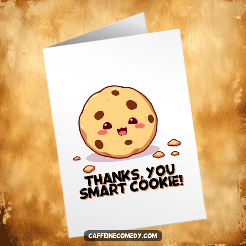 Funny free printable thank you card featuring a mischievous cookie leaving a crumb trail, a sweet and humorous downloadable gift.