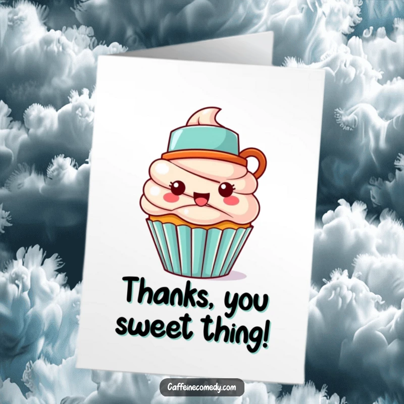 Funny Free Printable Thank You Card of a Kawaii cupcake character wearing a small coffee mug hat, conveying gratitude.