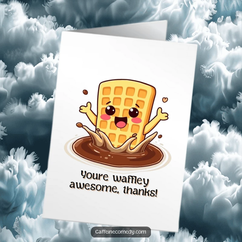 Funny Free Printable Thank You Card: A happy kawaii waffle splashing enthusiastically in a coffee pool, saying thanks.