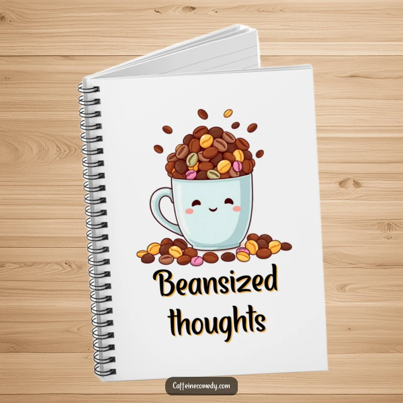 Funny notebook cover with a happy mug overflowing with colorful coffee beans, inspiring creative and coffee-fueled notes.