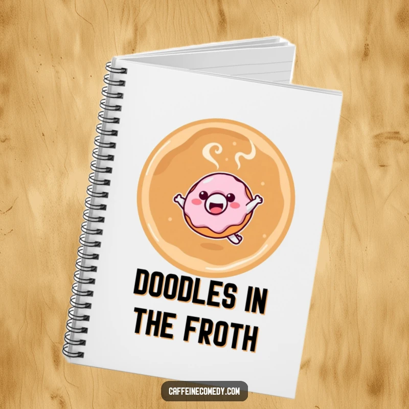 Funny notebook with a smiling kawaii donut character leaping into a steaming latte, perfect for jotting down notes and delicious ideas.