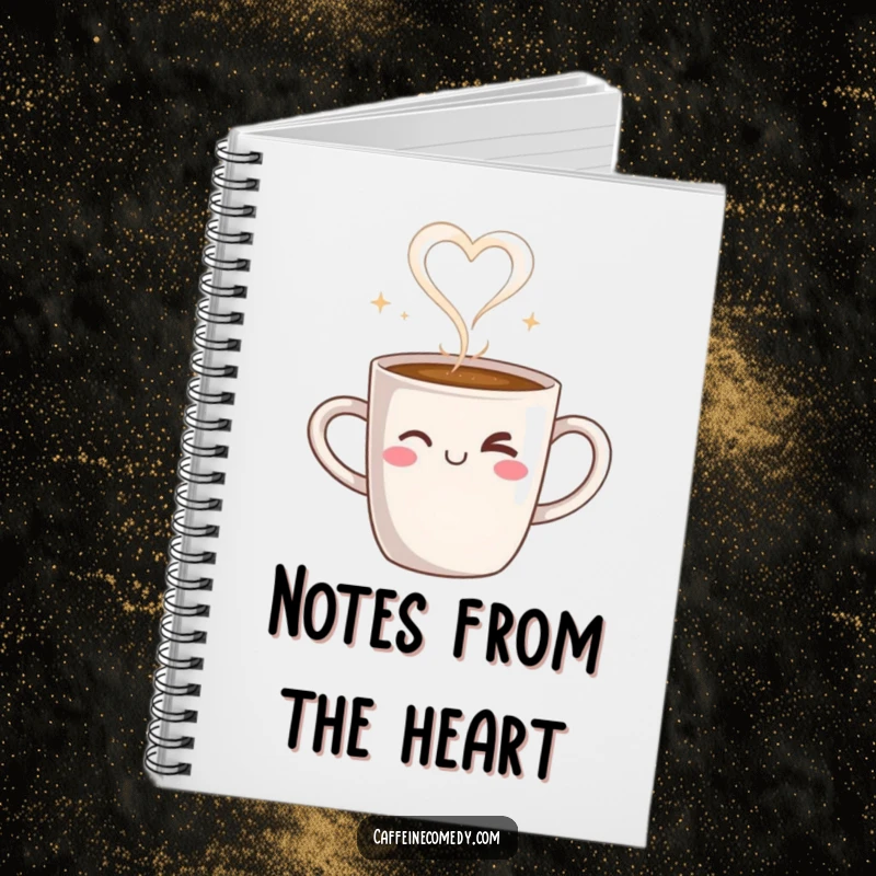 Funny notebook with a steaming coffee mug character winking, steam forming a heart, ideal for notes and thoughts.