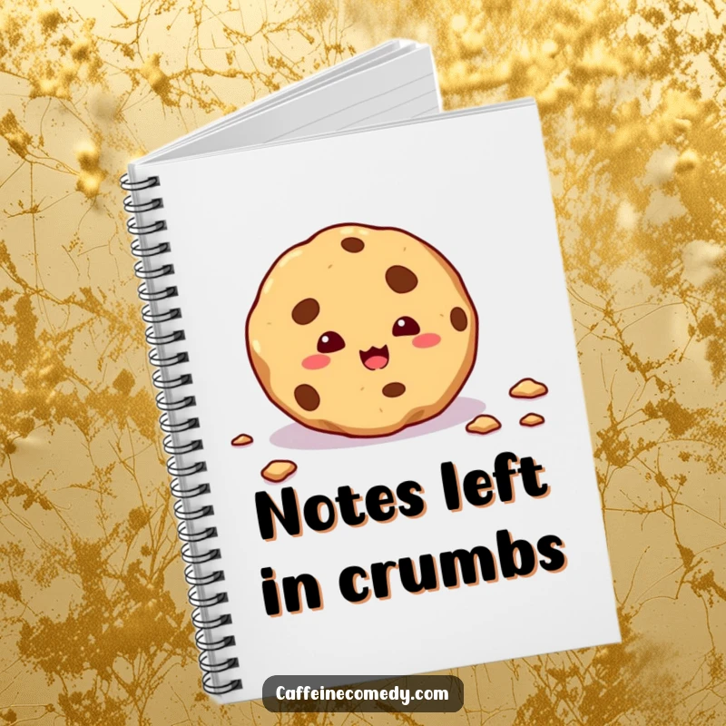 Funny notebook cover with a mischievous cookie leaving a trail of crumbs, inspiring sweet and creative notes.