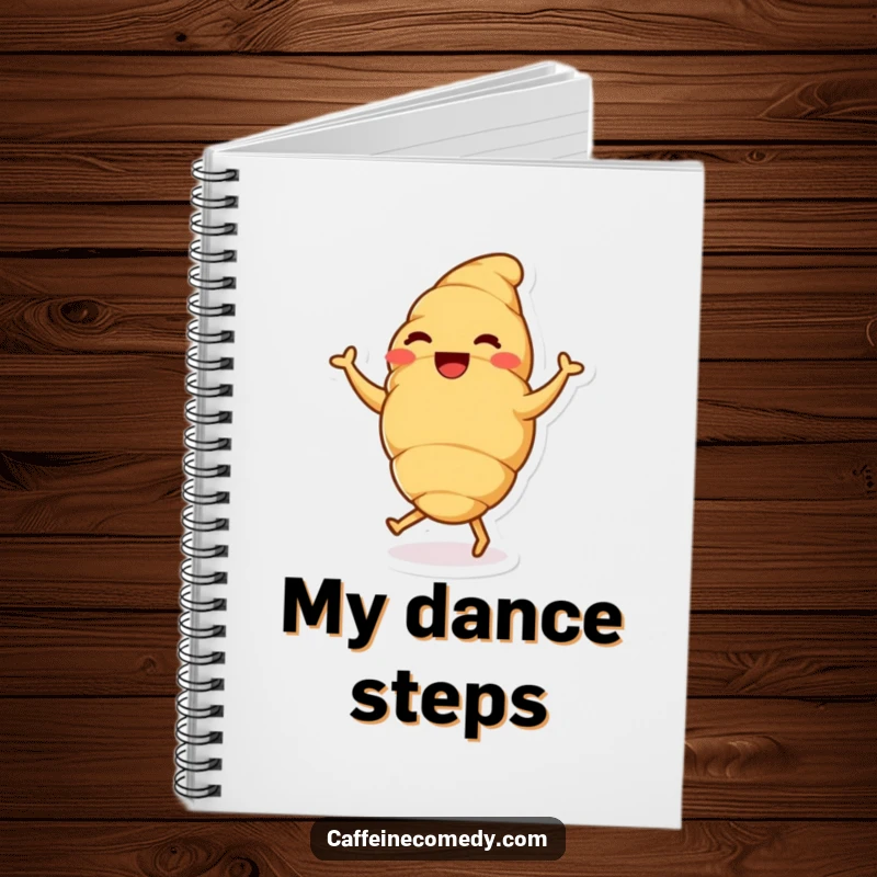 A delighted croissant character doing a dance on a notebook cover, inspiring happy thoughts and sweet notes.