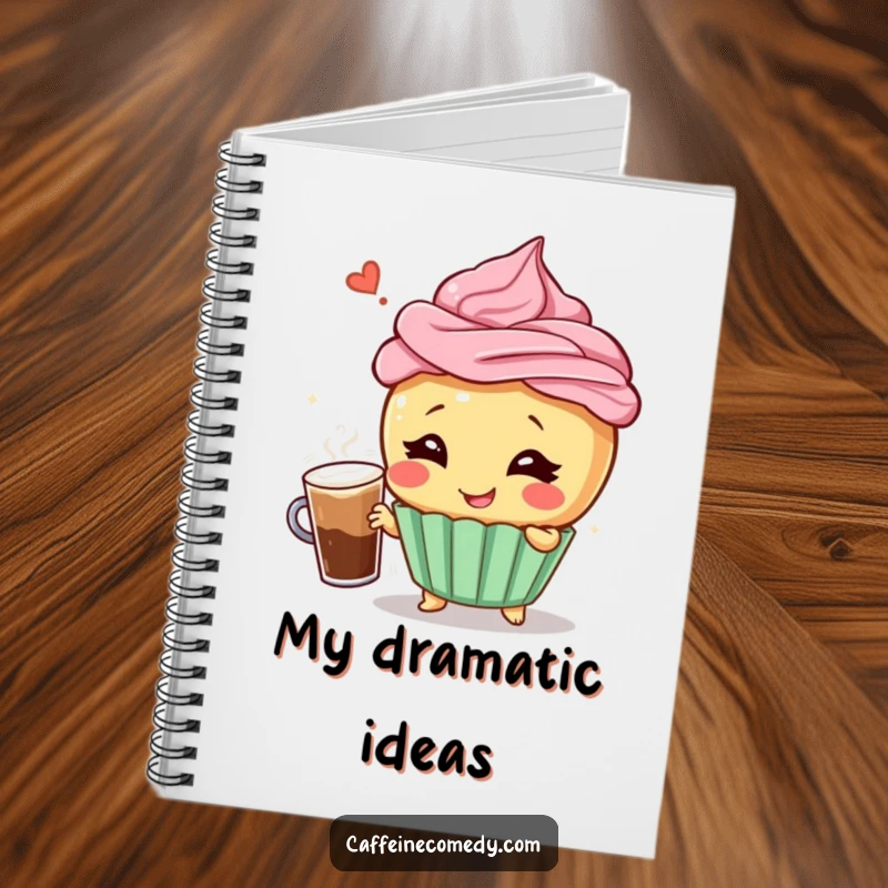 Funny notebook with a giggling cupcake character in a dramatic pose with a frothy coffee, ideal for note-taking and creative expression.
