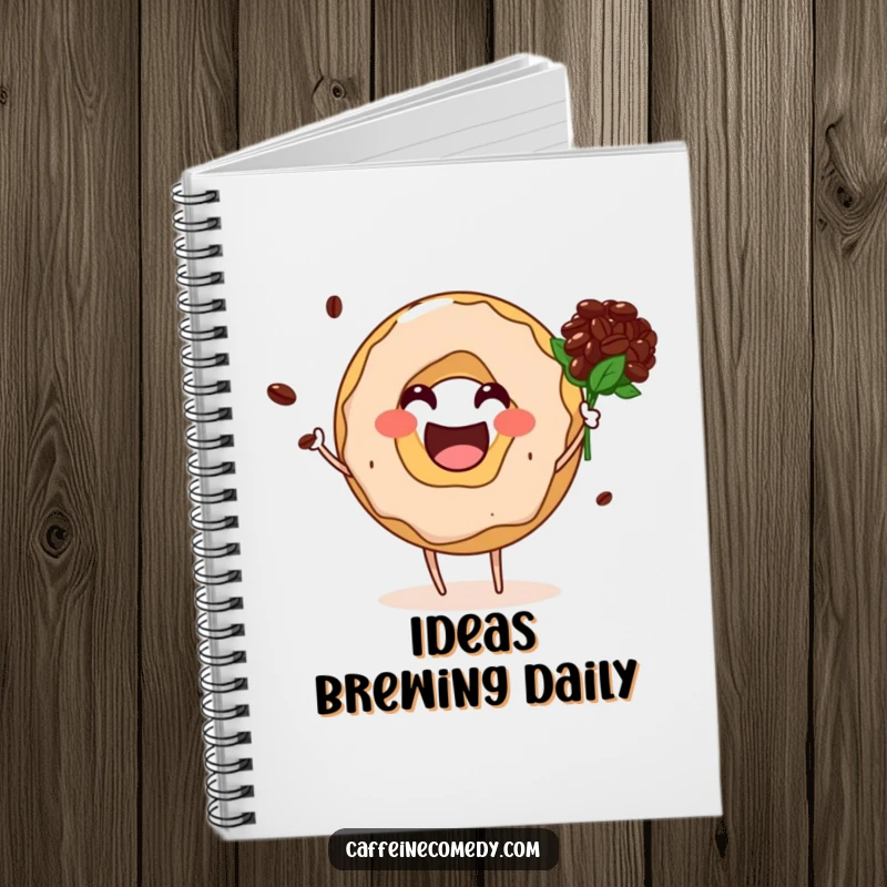 Funny donut hole character offering a coffee bean bouquet on a notebook cover, perfect for journaling.
