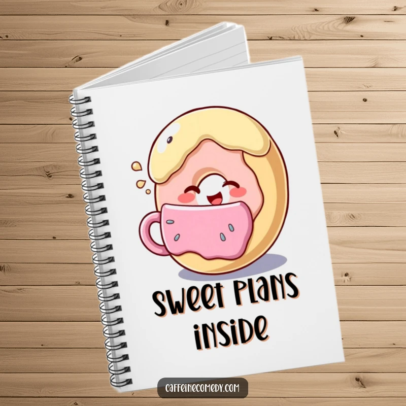 Funny smiling donut winking while sipping from a giant coffee cup, perfect for journaling and note-taking with a playful vibe.