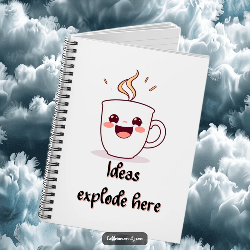 Funny notebook with a beaming espresso cup character steaming with energetic delight, perfect for capturing bright ideas and thoughts.