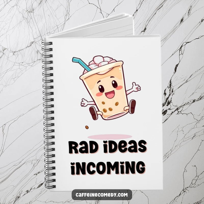 Funny notebook with an energetic iced coffee character doing a kickflip with its straw, ideal for notes and creative ideas.