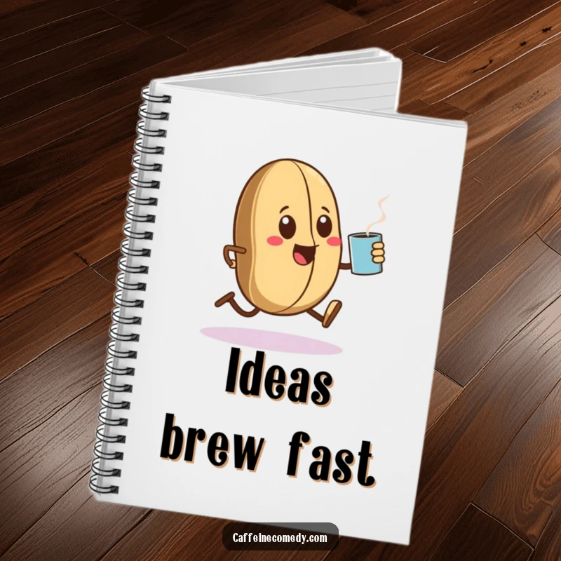 Funny Kawaii coffee bean character in a dynamic sprint, holding a steaming mug, ready to inspire notes in this notebook.