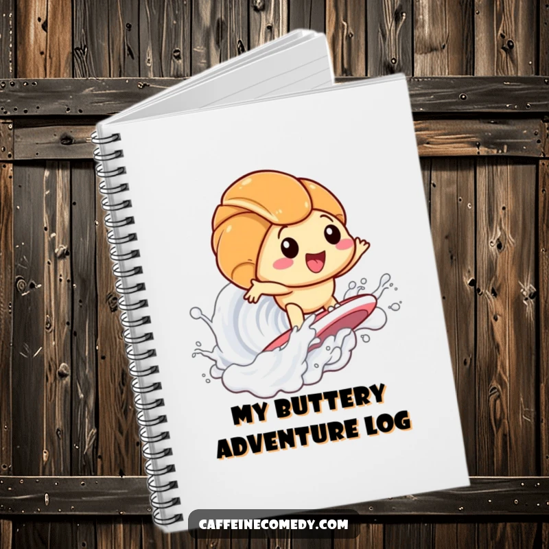 Funny Kawaii Croissant Surfing Milk Notebook: Cute notebook with a croissant surfing a milk wave, inspiring creativity and smiles. A practical funny gift.